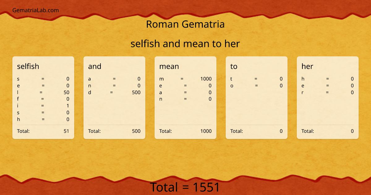 selfish and mean to her in roman Gematria